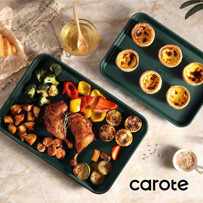 CAROTE 3-Piece Baking Sheet, Nonstick Cookie Sheets, Olive Green | 13, 15 & 17-Inch, Carbon Steel Baking Pans Set, Easy-Release, Oven Safe Up to 446°F, Even Heating, PFAS-Free, Space-Saving
