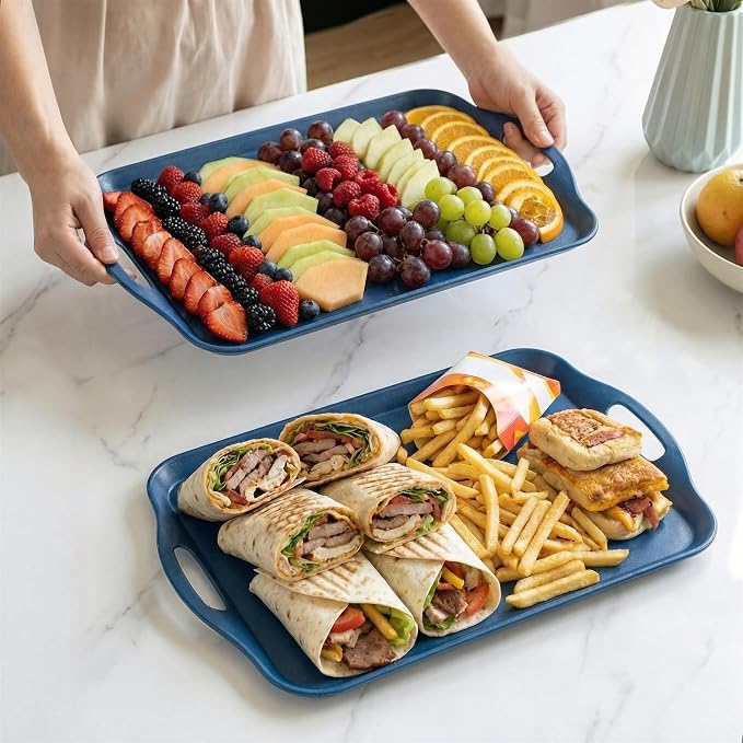 KINGEN 2-Pack Navy Blue Bamboo Fiber Serving Trays - 17.3×12.2-inch Extra Large w/Handles Tray, Platters for 4th of July, Christmas, BBQ, Picnic, Outdoor Dining - Durable, Lightweight (Classic Blue)