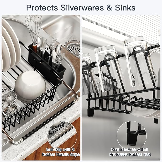 Dish Drying Rack Over The Sink with Utensil Holder, Drainboard | Expandable Stainless Steel Dish Drainer for Small Kitchen, Apartment, RV, Counter Space Saving, Perfect Fit, Rustproof