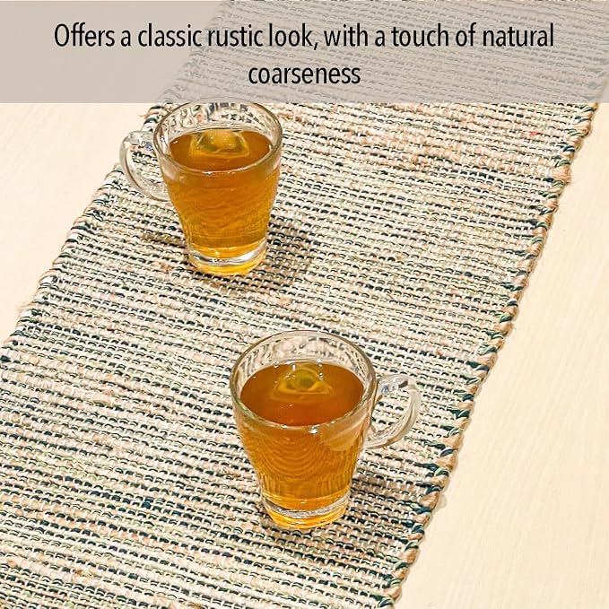 Chardin Natural Jute Table Runner, 13x36 Inch | Home, Vintage Boho Rustic Decor, Handwoven, Green, Farmhouse Dining or Console Table Accent