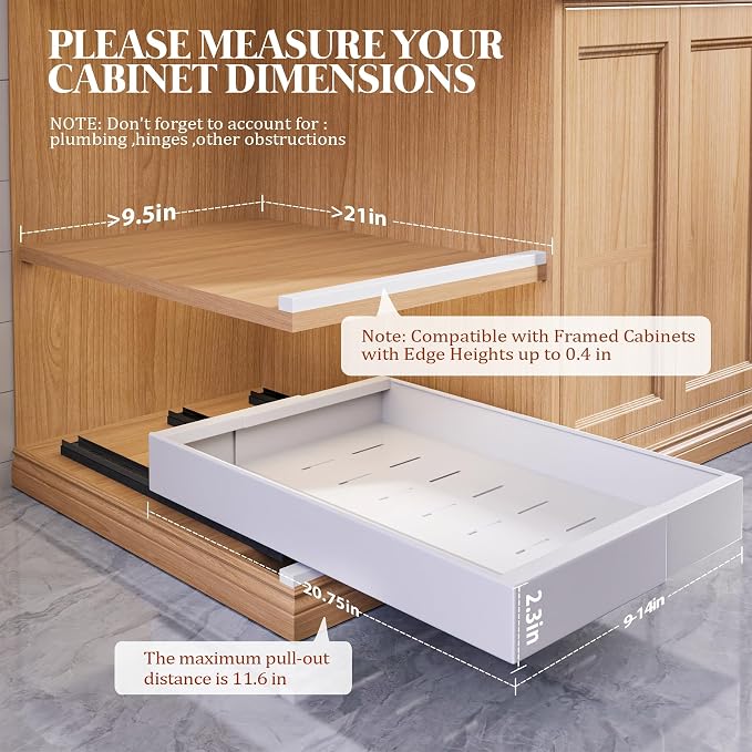 Seinloes 4 Pack Expandable Pull Out Cabinet Organizer 21" Deep With Raising Pad for Framed Cabinets,Upgrade 3 Slide Rails Slide Out Drawers,No Drill Roll Out Shelves,Adjustable Width 9"-14" White