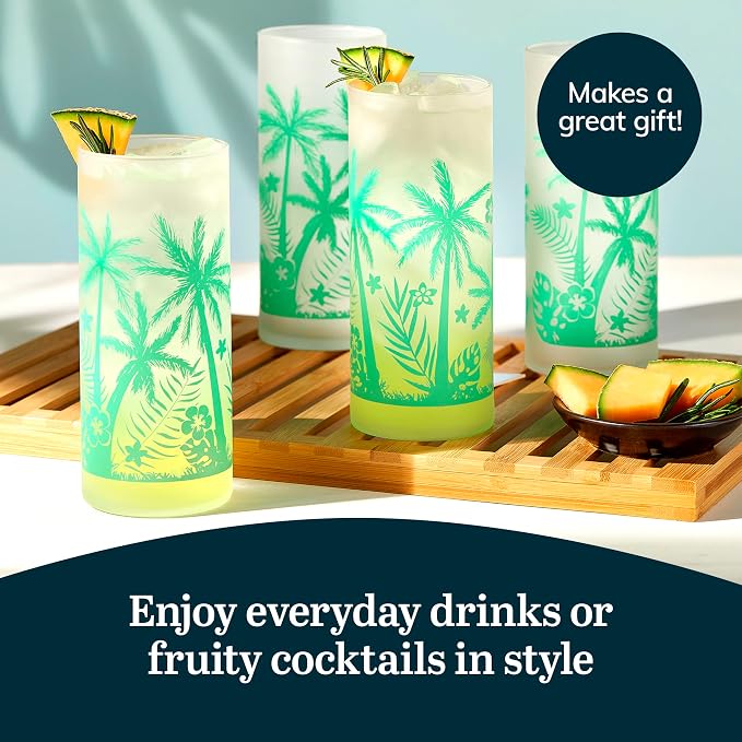 Libbey Vintage Palms Drinking Glasses Set of 4, Colorful, Retro Palm Tree Design Glass Cups Set, Dishwasher Safe Water Glasses Set for Cocktails