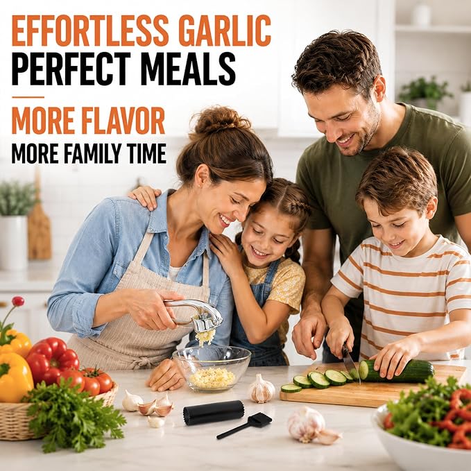 CUNSENR Garlic Press Set, Premium Rust Proof Garlic Mincer Tool with Ergonomic Handle, Easy Squeeze & Easy Clean Garlic Crusher, Dishwasher Safe with Silicone Peeler and Brush - Silver