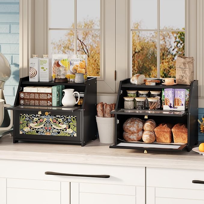 Trironsun Bamboo Bread Box for Kitchen Counter Black Bread Storage Container with Acrylic Door William Morris Flower Bird Design Farmhouse Breadbox Organizer (Black, 2 Layer)