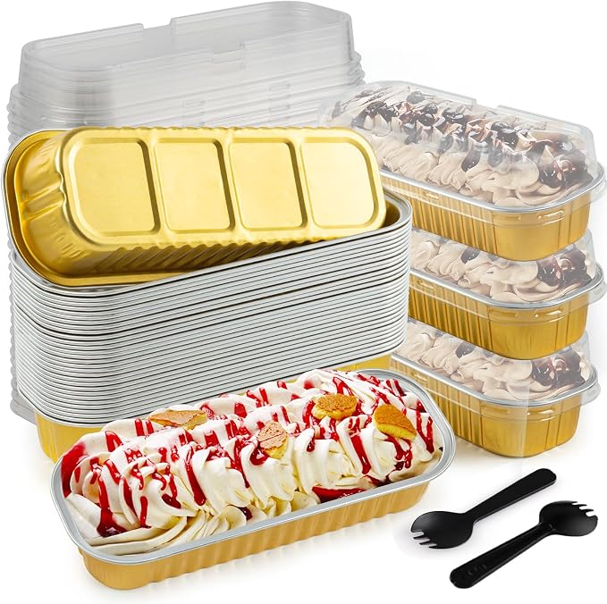 60Pcs Aluminum Min Foil Bakingi Loaf Pans with Lids and Spoons | Rectangle Mini Cake Pan,Brownie Baking Cups for Picnics Party (Gold)