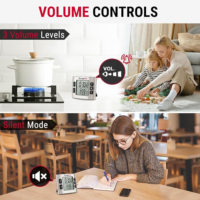 TempPro TM02 24H Kitchen Timer with Dual Digital Timers & Clock Mode | Magnetic Timer with Adjustable Alarm Volume, Kitchen Timers for Cooking with LCD Backlit, Classroom Timer for Kids, 2 Pack