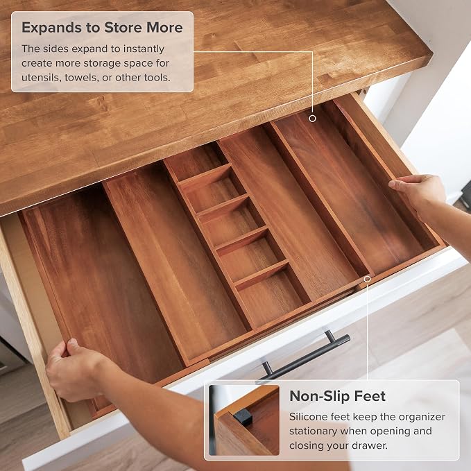 Utensil & Junk Drawer Organizer, 16-28 in, Acacia | Food-safe contract grade, 100% sustainable wood, non-slip, adjustable