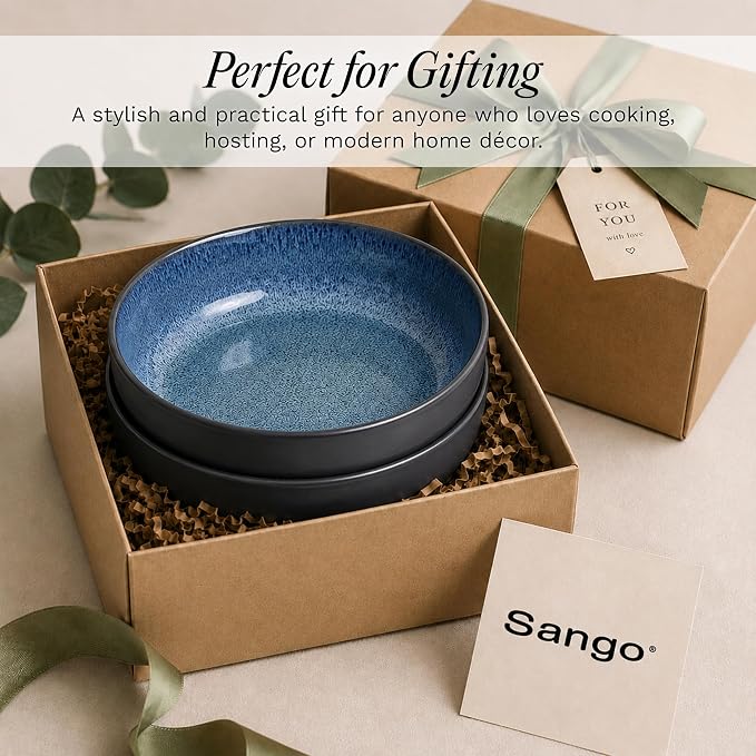 Sango Resona Blue & Black Large Serving Bowl (Set of 2), 64.25 oz, 10" Stoneware Bowls for Pasta, Salad & Dinner, Ceramic Bowls for Entertaining with Glossy Reactive Glaze, Dishwasher & Microwave Safe