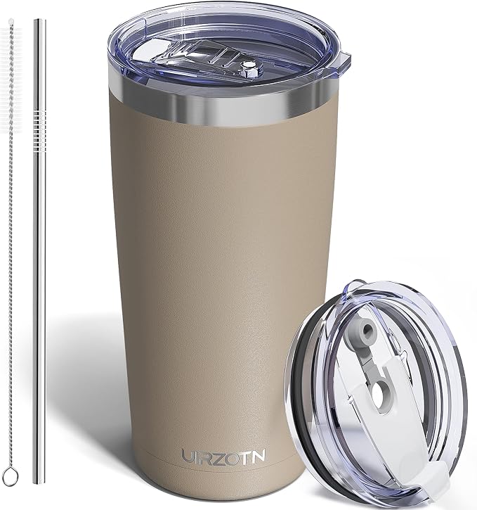 20oz Travel Coffee Tumbler with 2 Lids and Straw, Stainless Steel | Double Wall Vacuum Insulated Tumbler, Coffee Mug for Hot & Cold Drinks, Fits Most Car Cup Holders, Brown