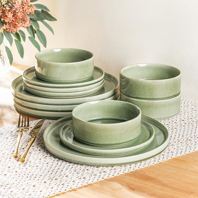 AmorArc Ceramic Dinnerware Sets for 4,12 Piece Plates and Bowls Sets Dishes | Stoneware Handmade Reactive Glaze Dishes Set | Highly Chip and Crack Resistant | Dishwasher & Microwave Safe