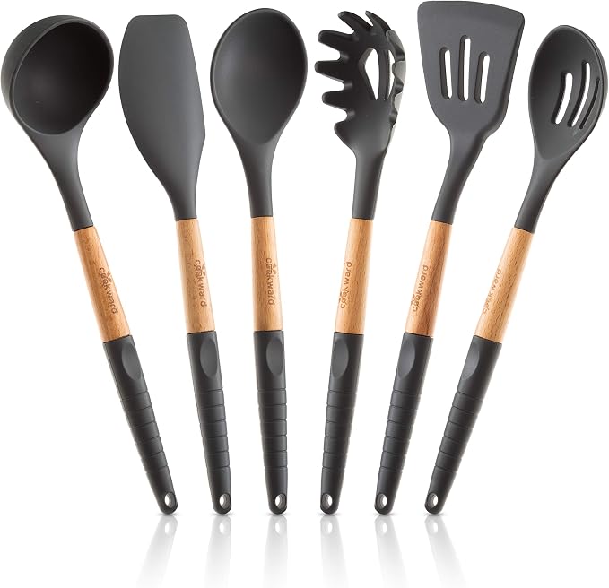 Silicone Cooking Utensils Set 6 Piece – Heat Resistant up to 480°F, BPA Free & Non-Scratch Kitchen Tools with Natural Wood Handles, Dark Gray