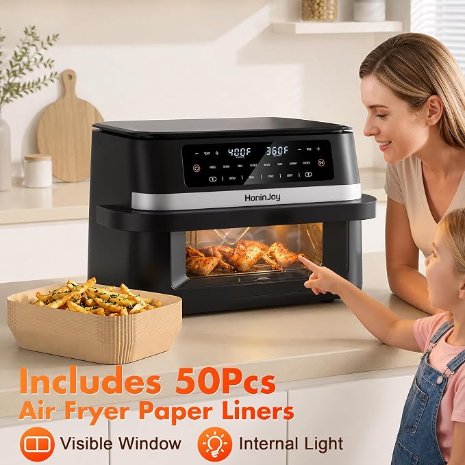 Dual Basket Air Fryers with Flex Basket, 12QT Double Air Fryer with Viewing Window & 50PCS Paper Liners, for 10 People, 12-in-1 Digital Panel with Sync & Light, for Bake, Roast, Reheat,Dishwasher Safe