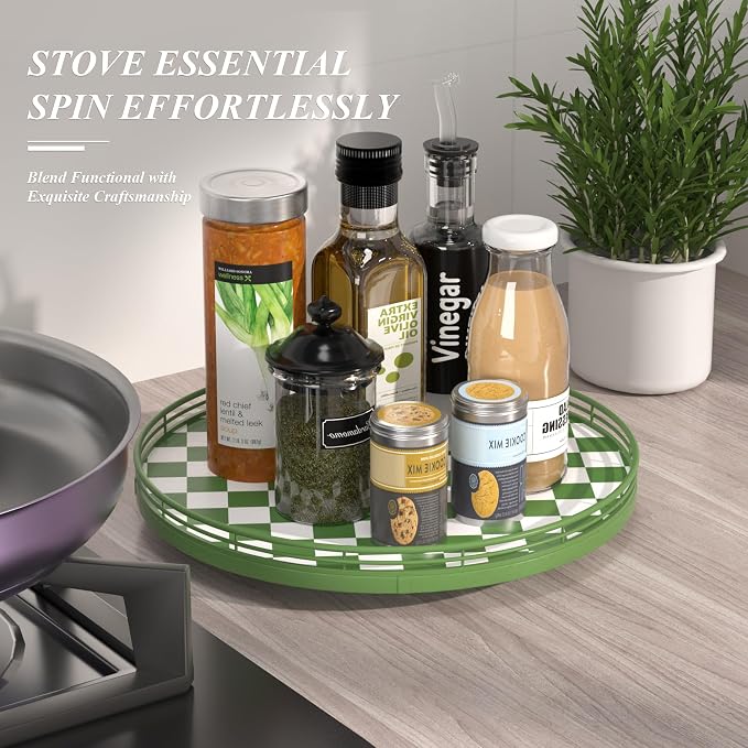 AMH 13-Inch Green and White Checkerboard Lazy Susan with Rubberwood Base | Smooth rotating oak tray with walnut finish for dining tables, kitchen counters, pantries and cabinet storage.