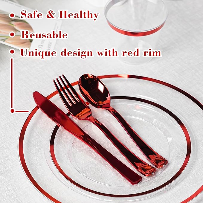 600PCS Clear & Red Plastic Plates, Disposable Dinnerware Set Heavy Duty | 100 Guest, 100 Dinner & Dessert Plates, Forks, Spoons, Knives, Cups, Red Rim, for Wedding Birthday Party Christmas
