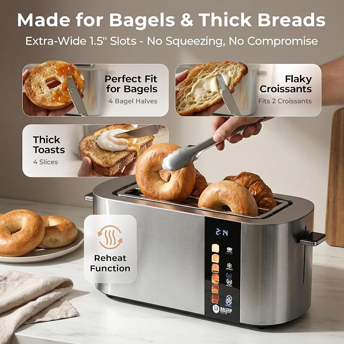 Balter Toaster 4 Slice Wide Slot, Bagel Function, Long Slot, Stainless Steel, Touch Screen, Built-in Rack, Extra-Wide 1.5" Slots for Thick Breads & Bagel, Timer, BPA-Free, 6 Levels, Removable Tray
