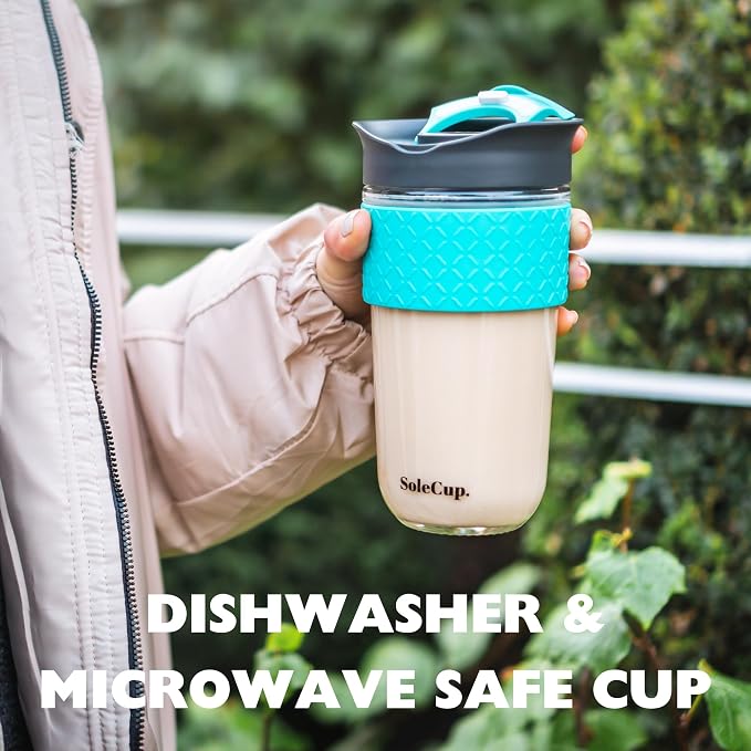 Large Travel Mug Loose Tea Infuser - Detachable Tea Strainer with Spill Proof Lid - 18oz/530ml BPA-Free Reusable Glass Travel Coffee Cup with Silicone Band (Gray and Blue, 18oz)