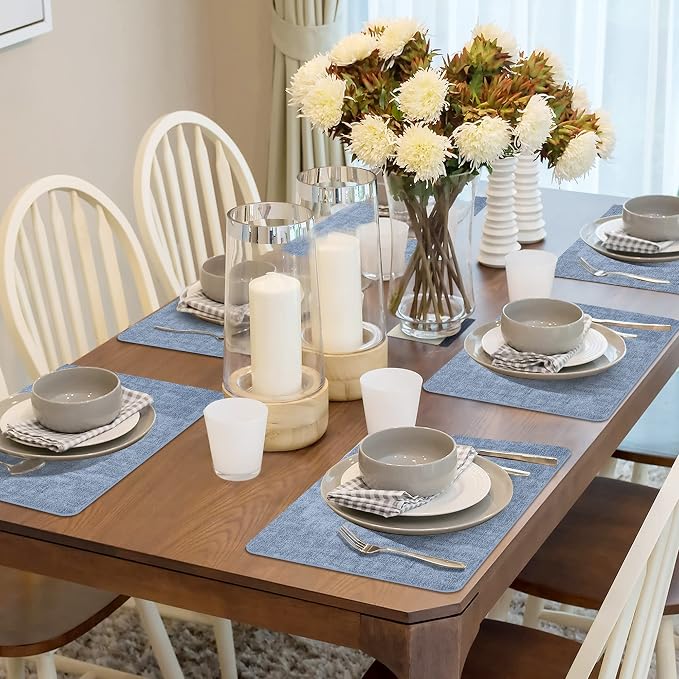 Maxpearl Faux Leather Placemats Set of 6, Easy to Clean, Blue | Waterproof - Heat Resistant - Non Slip - Wipe Clean Dining Table Place Mats, Suitable for Indoor & Outdoor Use, 17''×12''