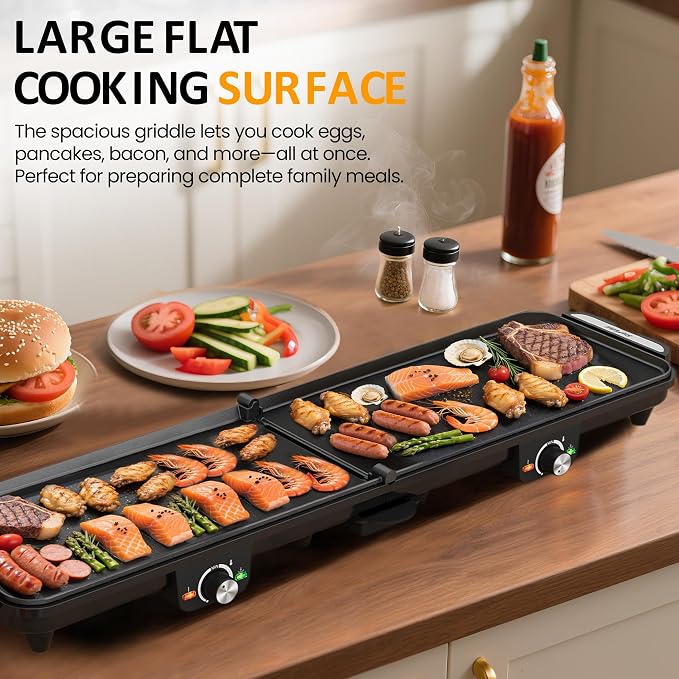 35''Electric Large Griddle - 1600W,Foldable Dual Zone,Nonstick | Long Skillet with Adjustable Temp,Pancake Egg Maker,Drip Tray,Indicator Light for Indoor/Outdoor/BBQ/Camping/Pancake