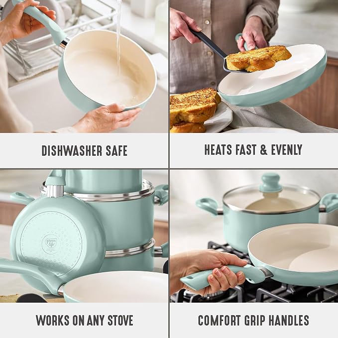 GreenLife 16pc Ceramic Nonstick Pots & Pans Cookware Set, Mint Green | PFAS-Free Nonstick Coating, Stockpot, Frying Pans, Saucepan, Sauté, Induction Ready, All Stovetop Compatible, Dishwasher Safe