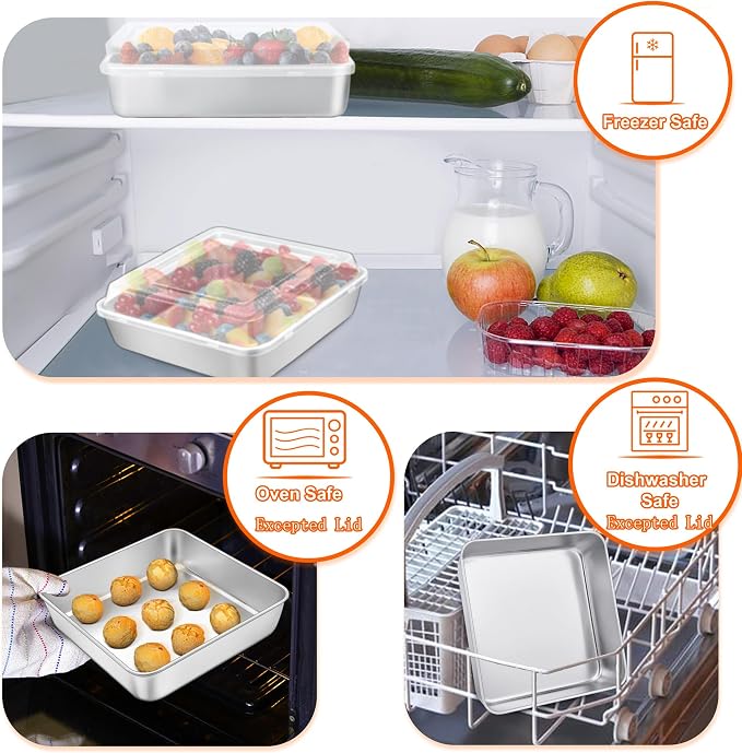 TeamFar 9 x 9 Baking Pan, Square Cake Pan with Lid - 1 Pan + 1 Lid | Stainless Steel for Baking Cooking Brownie Lasagna, Portable for Home Outdoor Camping, Non-Toxic & Dishwasher Safe
