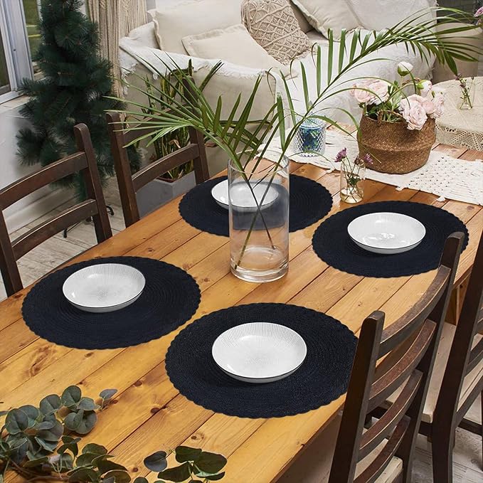 SHACOS Round Placemats Set of 6 Woven Round Table Mats 15 inch Braided Border Washable Cotton Polyester Circle Place Mats, Black (Pack of 2)