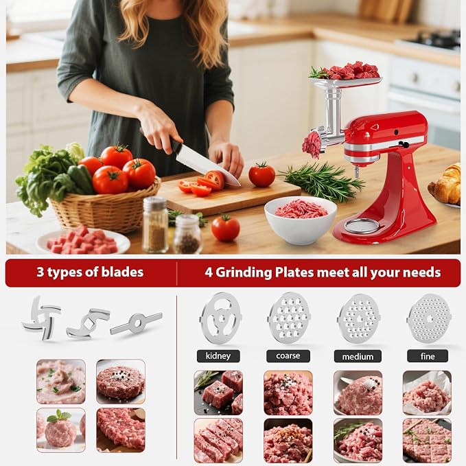 Meat Grinder & Cheese Grater Attachment for KitchenAid Stand Mixer | 21Pcs, 4 Grinding Plates, Metal Sausage Stuffer Tubes, 4 Slicer Shredder Attachment, Kitchen Aid Accessories and Attachments