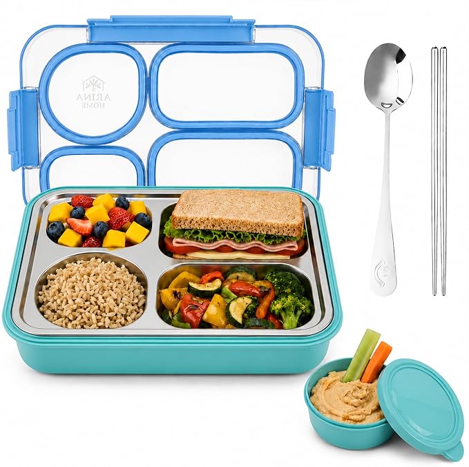 Large 11" x 8" Stainless Steel Bento Lunch Box for Adults with 4 Compartments Leakproof Lid BPA-Free 304 Stainless Steel Food Container That Keeps Food Separate, Ideal for Office and Travel use, Blue