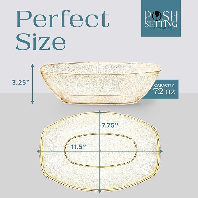 4 Pack Disposable Oval Plastic Party Bowls, Glitter Gold Serving Bowls | Oval Bowl Design. Disposable Party Tableware. Chip, Snack & Candy Bowls. Gold Serving Dishes. Party & Event Use.