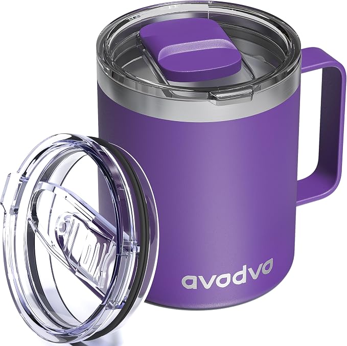12oz Insulated Coffee Mug with Lid – Includes Two Lids, Stainless Steel Coffee Travel Mug with Handle, Double Wall Vacuum Insulated Camping Mug for Home, Office & Outdoor, Dark Purple