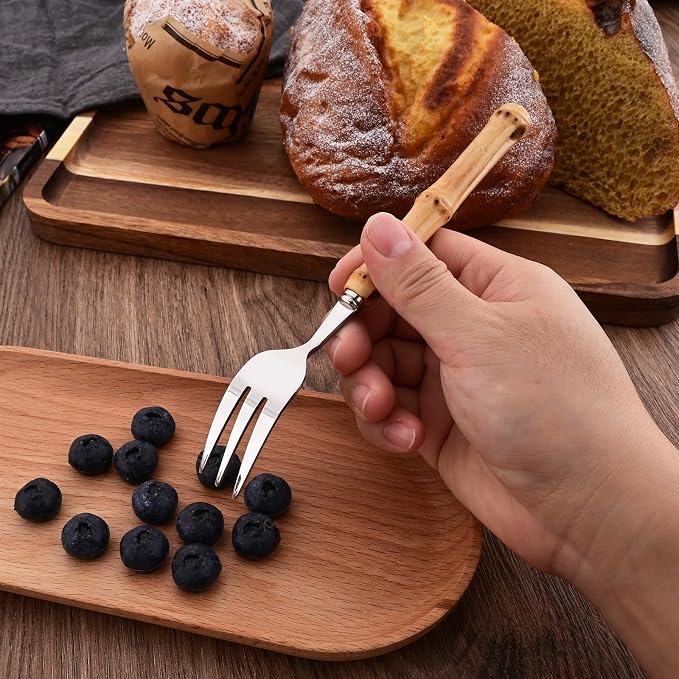 8 PCS Small Fork, 6.3 Inches Stainless Steel Dessert Forks with Bamboo Handle, Kitchen Flatware Cutlery Set, Use for Tasting Cakes Fruits and Appetizer, Mirror Polished