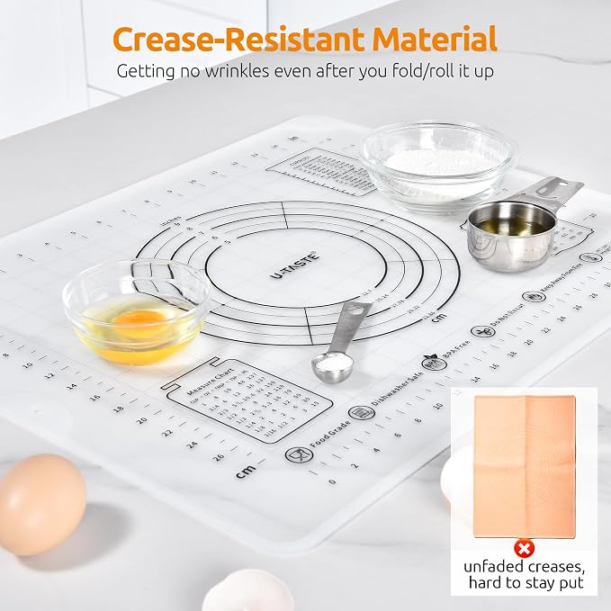 U-Taste Silicone Pastry Mat, Dough Rolling Baking Sheet, 16x20"/Transparent | Food-Grade Liquid Silicone, Non-Stick Non-Slip, Baking Supplies for Pizza Cookie Pie Crust, Clear Measurement & Raised Edges
