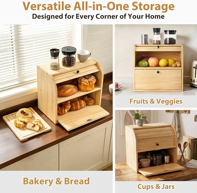 Sunhoo Wooden Bread Box for Kitchen Countertop, Roll Top Breadbox, Natural | Large Double Layer Pantry Container, Solid Wood with Cutting Board, Fresh Homemade Sourdough Bin Cabinet, Vintage Farmhouse