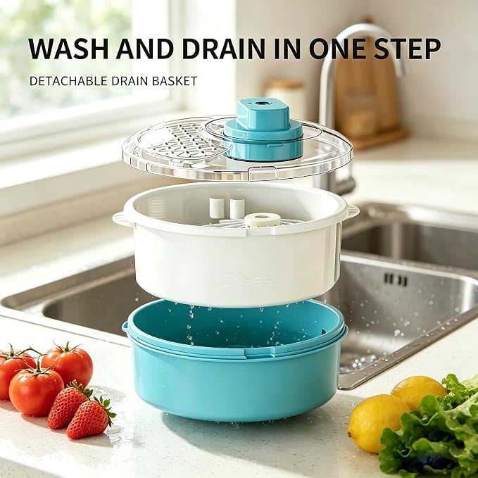 Electric Salad Spinner,Fruit Cleaner Spinner Washer (Blue) | Multifunctional Vegetable Dryer Fruit Washing Bowl with Strainer for Produce Strawberries, Berry, Grapes,Veggies,Potatoes,Etc