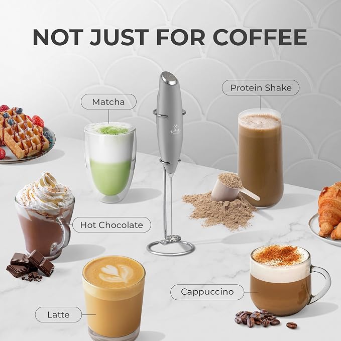 Zulay Kitchen Powerful Milk Frother Wand With Duracell Batteries - Ultra Fast Handheld Drink Mixer - Electric Whisk Foam Maker for Coffee, Lattes, Cappuccino & Matcha - Z1 Motor - Light Gray