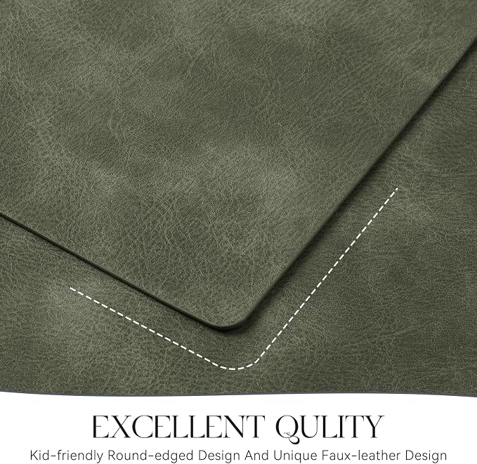 MOSAYT Vinyl Placemats Set of 4-12 X 17 Inch - Faux Leather 100% Waterproof Oil-Proof Wipeable PU Place Mats, Heat Resistant Reversible Table Mats for Kitchen, Dining, Outdoor, Olive Green
