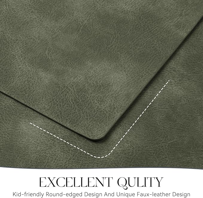 MOSAYT Vinyl Placemats Set of 12-12 X 17 Inch - Faux Leather 100% Waterproof Oil-Proof Wipeable PU Place Mats, Heat Resistant Reversible Table Mats for Kitchen, Dining, Outdoor, Olive Green