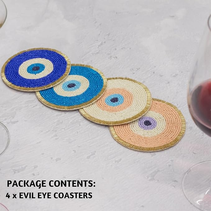 Folkulture Cute Coasters Set of 4 for Drink, Boho Table Decor & Party Décor | Evil Eye Beaded Handmade Round Drink Coasters for Coffee Table & Bar, Hand-Crafted Cute Coasters Housewarming Gifts