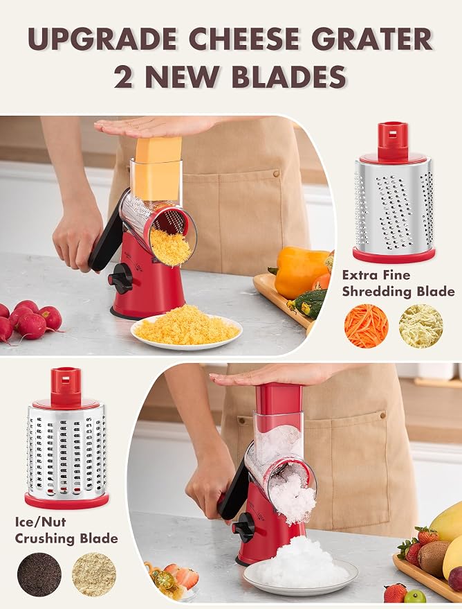GDL Cheese Grater Hand Crank, Rotary Cheese shredder, Vegetable Slicer | 5 Stainless Steel Blades, 12x Fast Cutting, Non-slip Suction Base, No BPA, Dishwasher Safe, Easy Use for Cheese, Veggies, Nut