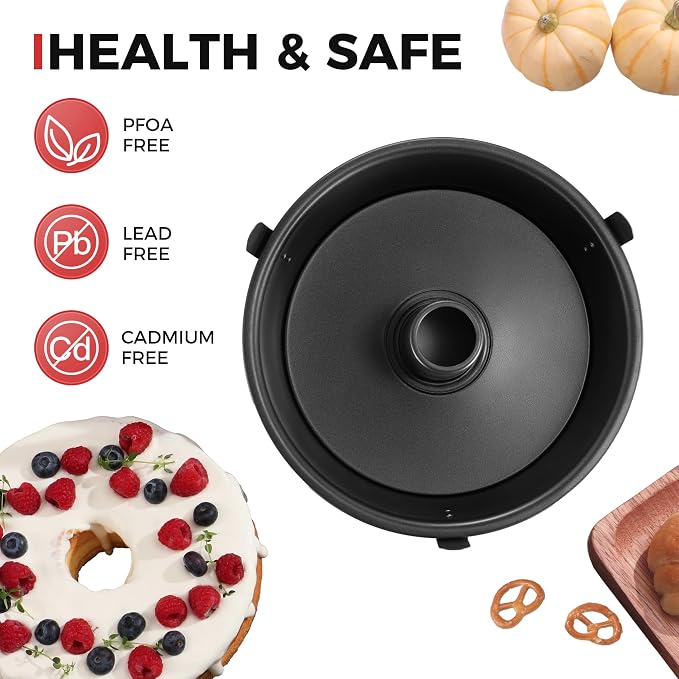 Angel Food Cake Pan with Removable Bottom, 10 Inch Tube Pan, Nonstick Pound Cake Pans for Baking, Chiffon Cake Mold, 16-Cup, Heavy Duty - Dark Grey