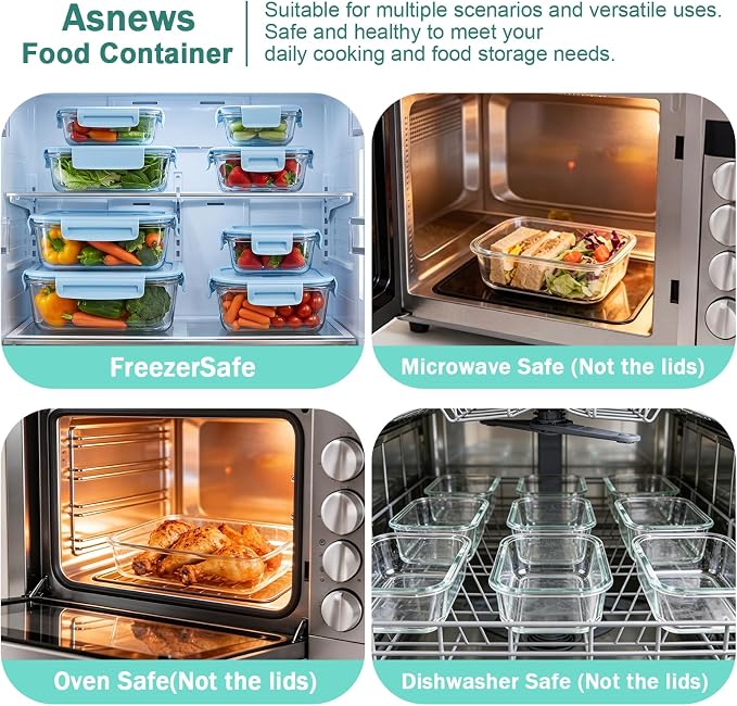 8 Pack Glass Food Storage Containers with Lids(LightBlue) | Meal Prep Containers with Snap Locking Lids, Airtight Lunch Containers for Microwave, Oven, Freezer and Dishwasher, BPA Free