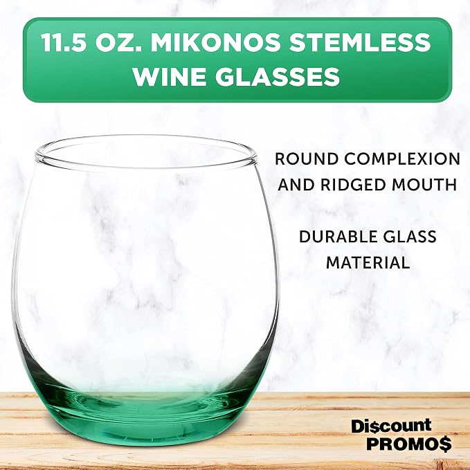 DISCOUNT PROMOS Mikonos Stemless Wine Glasses 11.5 oz. Set of 10, Bulk Pack - Restaurant Glassware, Perfect for Red Wine, White Wine, Cocktails - Green Bottom Color