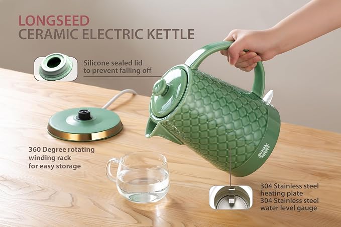 1.5L Ceramic Electric Kettle, 1200W Fast Boil Retro Tea Pot with LED Light, BPA-Free Porcelain Cordless Water Boiler, Auto Shut-Off & Boil-Dry Protection, Green Relief Carving