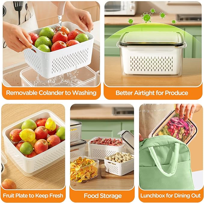 6 PCS Fruit Storage Containers for Fridge with Removable Colanders, 6 Plastic Food Storage Containers with 6 Lids, Leakproof Produce Containers Keep Fruits, Vegetables, Berry, Meat Fresh Longer