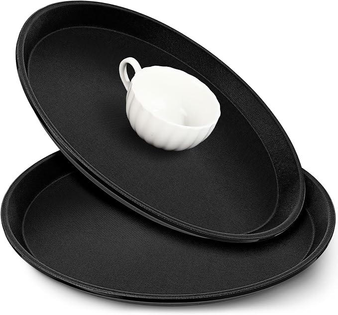 Zopeal 2 Pcs Bar Service Tray Round Plastic Non Slip,14" | For Waiter Server in Restaurant Cafeteria Bar, Raised Edges Prevent Spills, Cocktail Food Server, Textured Surface Grip