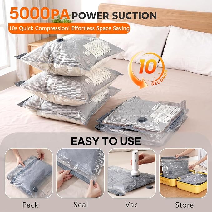 9 Combo Size Vacuum Storage Bags for Travel with Cordless Pump, Space Saver Bags for Clothes, Compression Packing Bags for Luggage