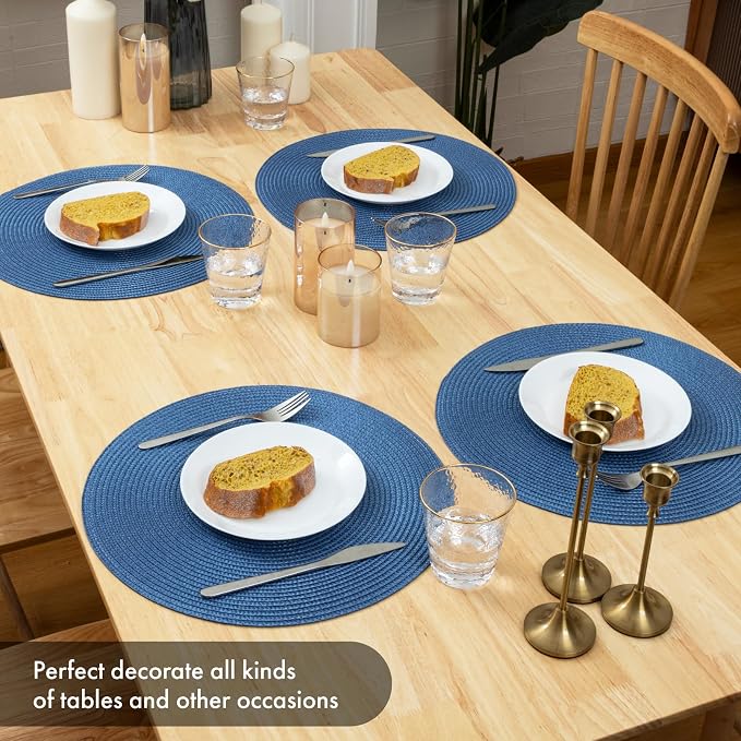 Winknowl Round Braided Placemats Set of 8 Washable Woven Heat Resistant Table Mats for Kitchen Dining Tables 15 inch Round Place Mats (Blue,8pcs)