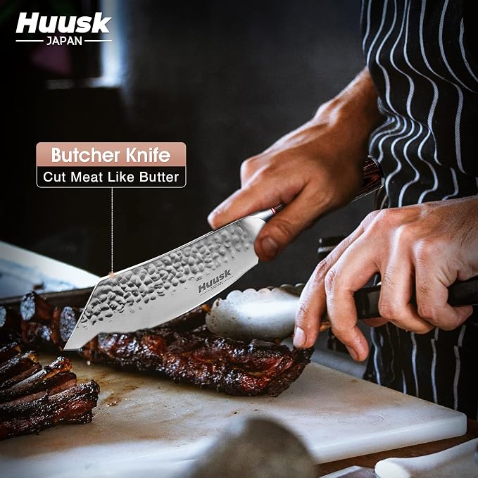 Huusk Japanese Meat Cleaver Knife - 8 Inch Butcher Knife for Meat Cutting | Hand Forged Butcher Cleaver for Meat & Vegetable Cutting, Sharp Kitchen Knife with Pakkawood Handle, Gift Idea for Men Women
