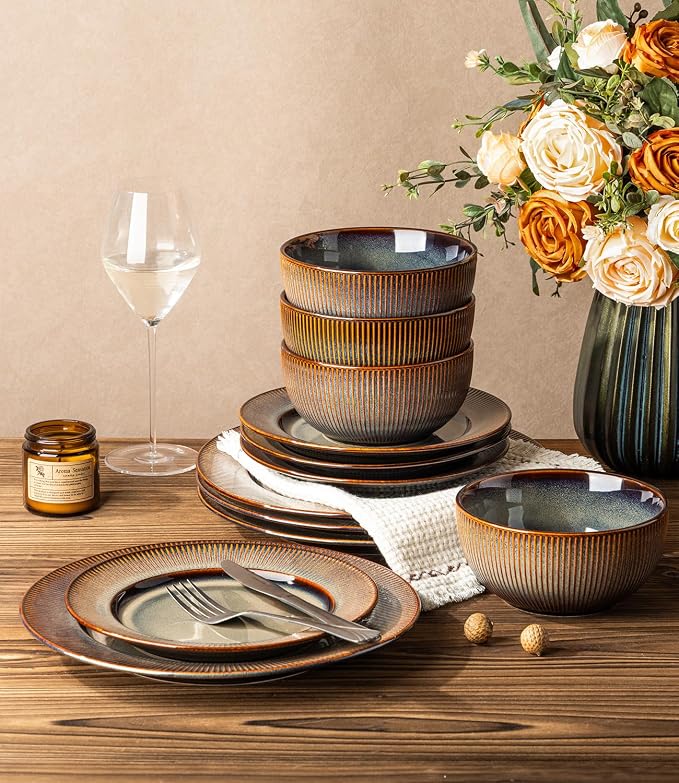 Ceramic Dinnerware Set for 4, 12-Piece Plates and Bowls Set | Lightweight Porcelain Dish Set, Scratch Resistant, Oven & Microwave & Dishwasher Safe, Cocoa Mocha