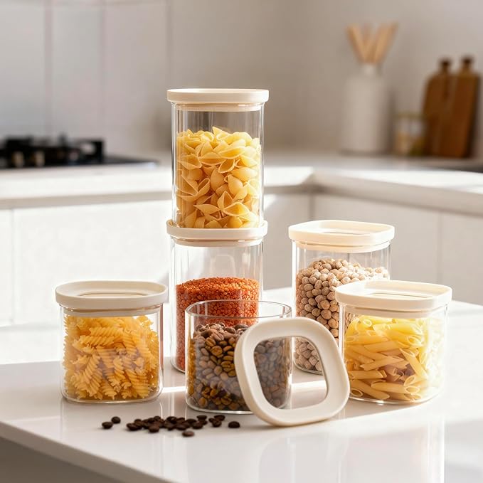 Glass Food Storage Jar with Glass Lid in Square Shape, Food Canister Set with Airtight Lids, Pantry Jars for Kitchen Organization, Food Storage Containers in Set of 6