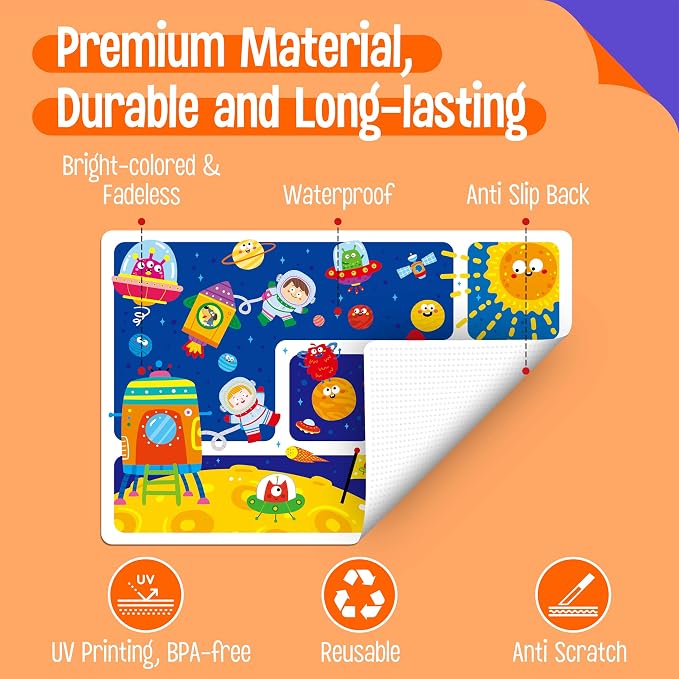 6 Pack Placemats for Kids, Non-Slip Washable, Reusable Animals, Alphabet, Dinosaur, Universe, Ocean Themed Educational Placemats for Home, Kindergarten, Classroom, Nursery